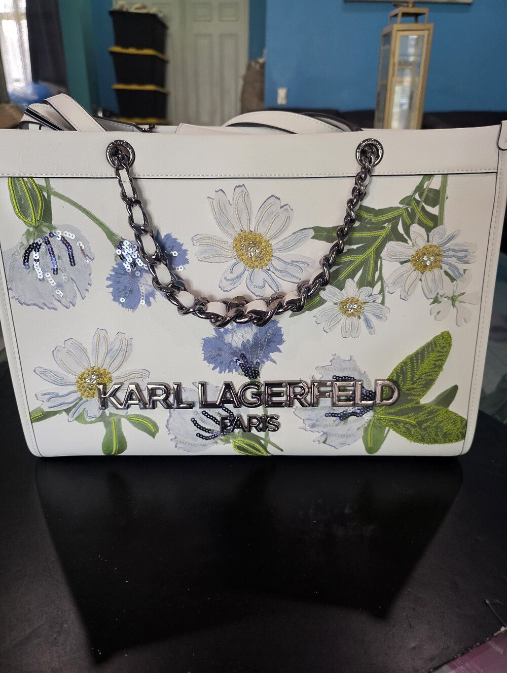 New Karl Lagerfeld White Floral Tote with Silver Chain